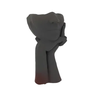 Рендер 3D модели темно-серого абстрактного цветочного горшка в форме лица с рукой, поддерживающей подбородок, на белом фоне.