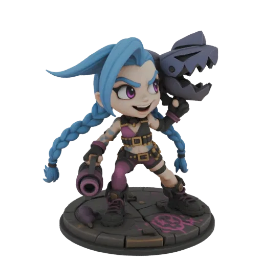 3D модель чиби персонажа Джинкс из League of Legends с оружием Фишбонс и Пау-Пау на детализированном основании.