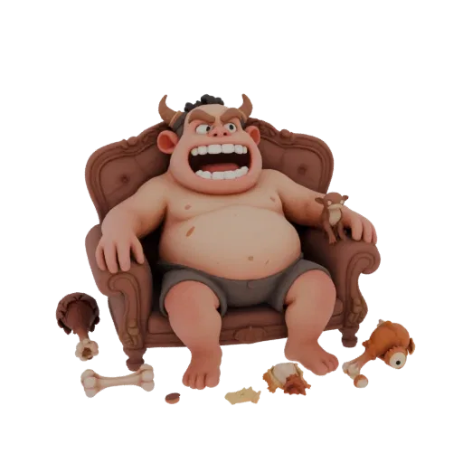 3D модель демона с большим животом, сидящего на старинном диване, с костями и куриными ножками вокруг