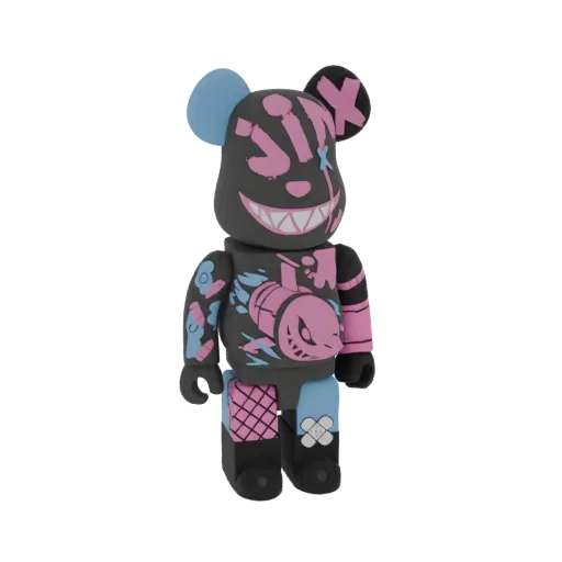 3D модель игрушки Джинкс Bearbrick, темно-серое тело с розовыми и голубыми акцентами, озорная ухмылка и детали граффити.