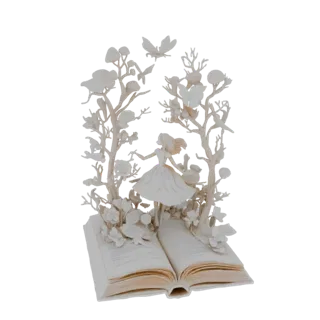 3D модель открытой книги со скульптурной сценой Алисы в Стране Чудес, с Алисой, деревьями, грибами и бабочками.