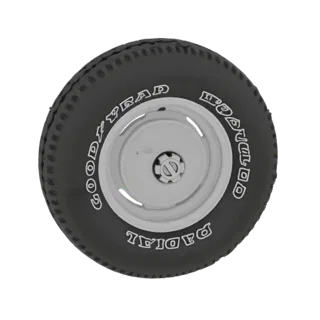 3D-модель шины Goodyear Radial с белой надписью на боковине и детализированным протектором на белом фоне.