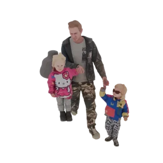 3D модель отца, идущего с двумя детьми, держащихся за руки и смотрящих вперед.