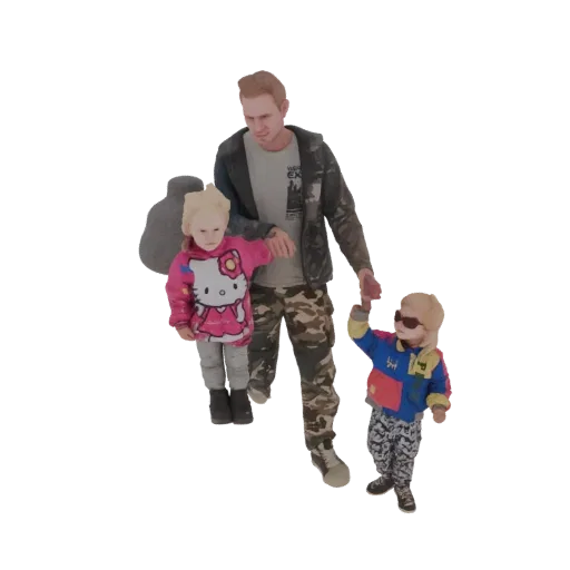 3D модель отца, идущего с двумя детьми, держащихся за руки и смотрящих вперед.