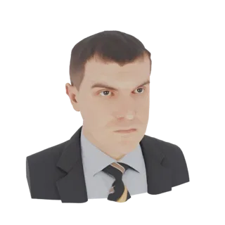 3D-рендер AI-сгенерированного бюста мужчины в темном костюме, голубой рубашке и полосатом галстуке.