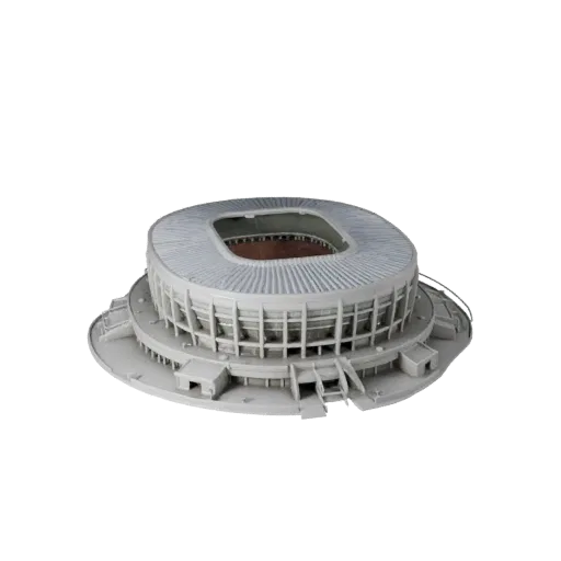 Реалистичная 3D модель экстерьера стадиона, вид с трех четвертей, показывающий материалы общедоступного здания и архитектурны