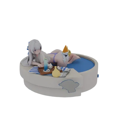 3D модель аниме-девушки с белыми волосами, в бикини и шляпе-мороженом, отдыхающей в синем джакузи с подносом предметов.