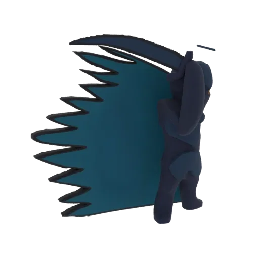 3D модель темного воина с большой косой и развевающимся рваным темно-бирюзовым плащом.