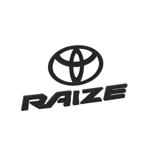 3D модель эмблемы Toyota Raize с логотипом Toyota и надписью 'RAIZE' в темно-металлическом исполнении.