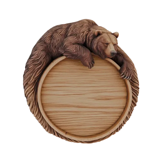 3D модель бурого медведя, мирно спящего на деревянной бочке-вывеске, с детализированной текстурой шерсти и дерева.