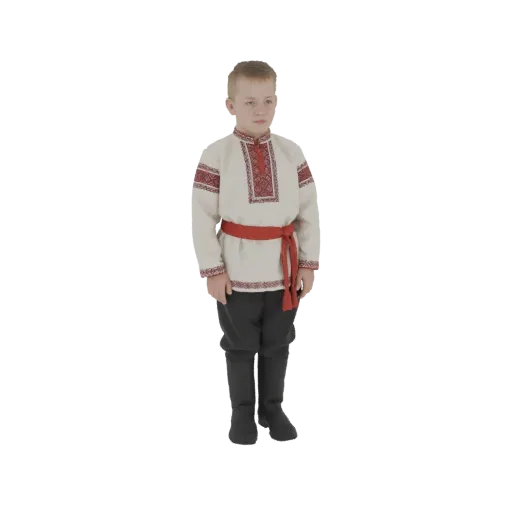 3D модель мальчика в традиционном народном костюме с вышитой туникой и красным поясом, на белом фоне.