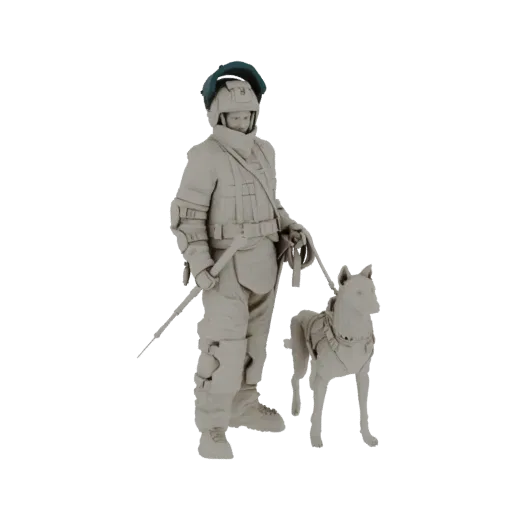 3D модель сапёра в защитном снаряжении, держащего щуп, с собакой K9 в тактическом жилете рядом.