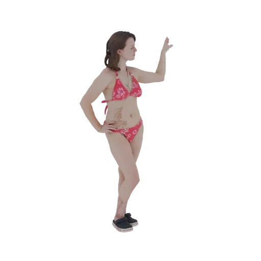 3D модель женщины в красном цветочном бикини, в позе с одной рукой на бедре и другой поднятой