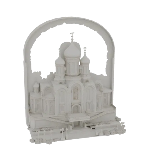 3D модель белой православной церкви с несколькими куполами, в большой арке, на черном фоне.
