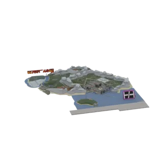 3D рендер островной базы с комплексом, доком, вертолетной площадкой и скалистой местностью на белом фоне.