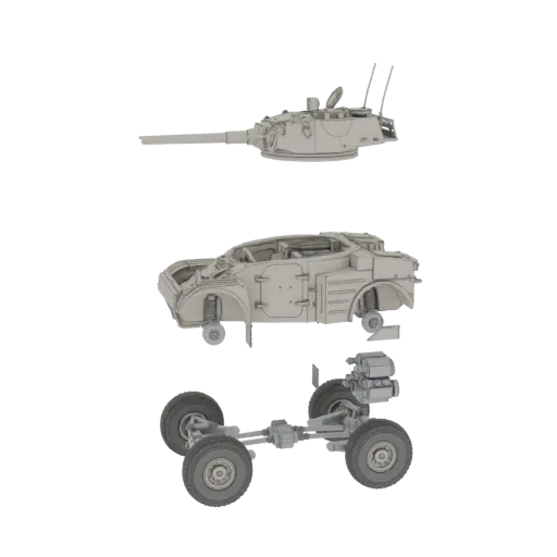 3D модель бронированного автомобиля в разобранном виде, показывающая разделенные башню, корпус и шасси.
