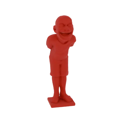 3D рендер красной фигурки юного мальчика с широким, радостным смехом, закрытыми глазами, в шортах и футболке, стоящего на осн