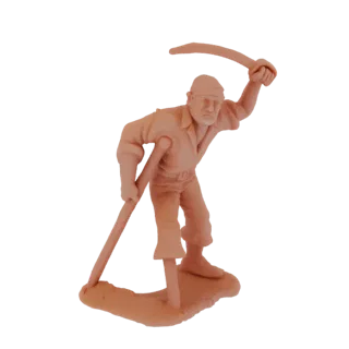 3D модель мужской фигуры пирата в динамичной позе, держащего косу и меч, на белом фоне.
