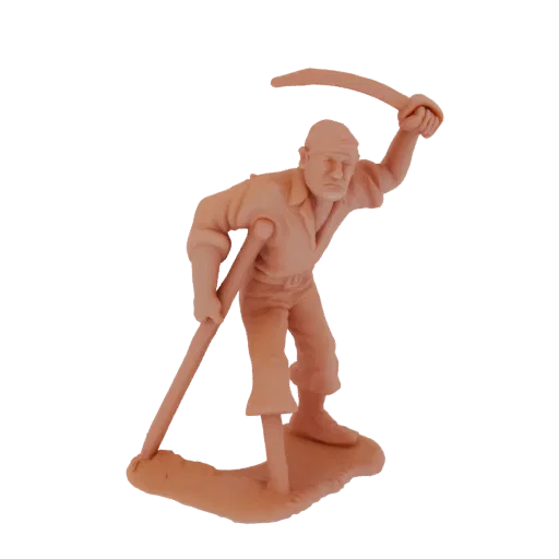 3D модель мужской фигуры пирата в динамичной позе, держащего косу и меч, на белом фоне.