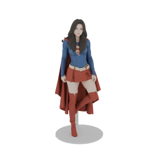3D модель Супергёрл в классическом сине-красном костюме, стоящая на подставке с развевающимся плащом.