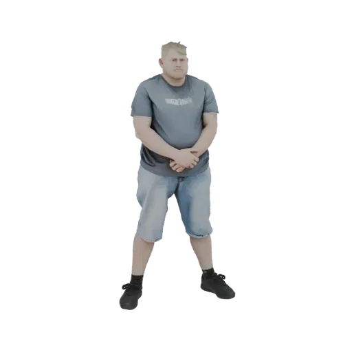 3D модель мужчины, стоящего в непринужденной позе в серой футболке и джинсовых шортах, со сцепленными спереди руками.
