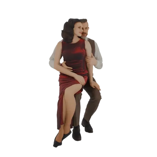 3D модель элегантной пары, женщина в красном платье, мужчина обнимает ее, романтическая поза