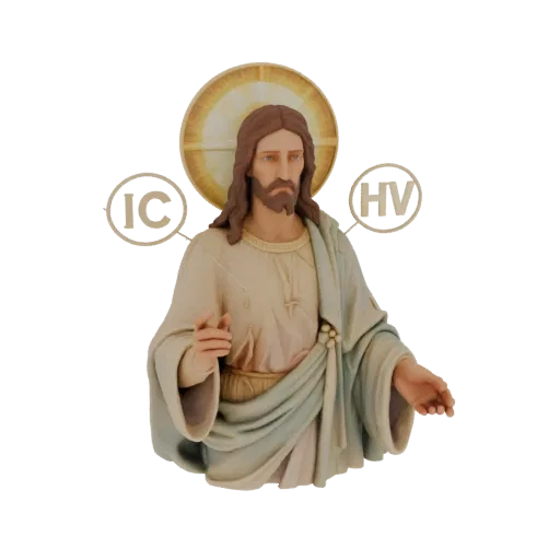 3D модель статуи Иисуса Христа с золотым нимбом и монограммами IC XC, стоящего в благословляющей позе.