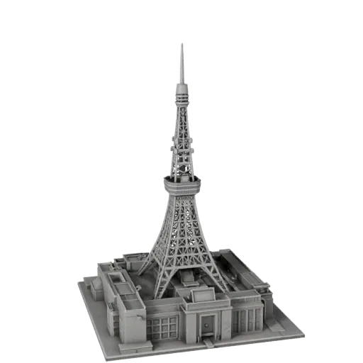 Печатная 3D модель Токийской башни STL, изометрический вид, показывающий материалы структуры достопримечательности и архитект