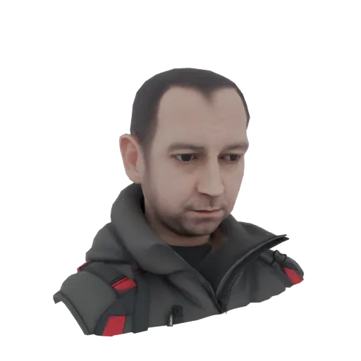 Рендер 3D модели бюста мужчины в серой зимней куртке с красными акцентами, смотрящего вниз.