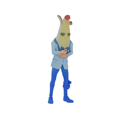 3D модель персонажа Пила в синем костюме, бабочке и солнцезащитных очках, стоящего со сцепленными руками.