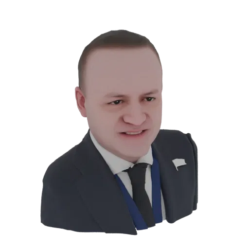3D модель мужчины в темном костюме, белой рубашке и черном галстуке, с нейтральным выражением лица.