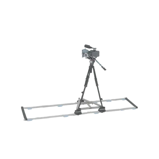 3D модель профессиональной видеокамеры на штативе, установленной на слайдере, на черном фоне.