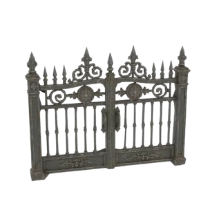 3D модель витиеватых кованых садовых ворот с декоративными завитками и акцентами в виде лилий, представленная на белом фоне.