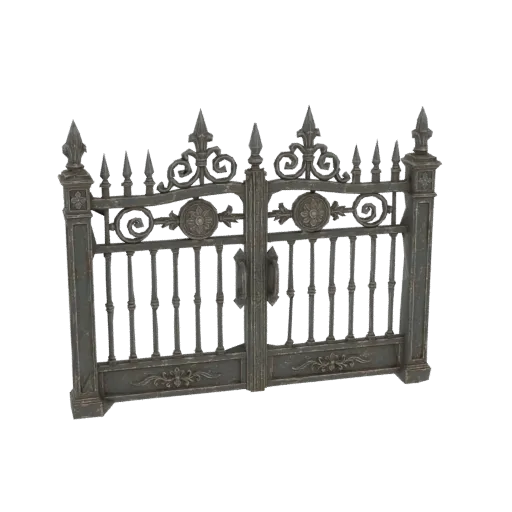 3D модель витиеватых кованых садовых ворот с декоративными завитками и акцентами в виде лилий, представленная на белом фоне.