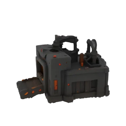 3D модель темной промышленной кузницы с частично открытой дверцей, показывающей светящиеся оранжевые угли внутри, с трубами с