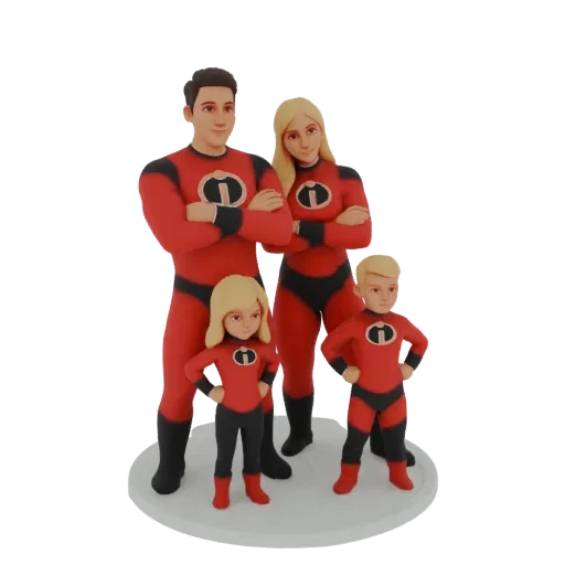 3D модель семьи Суперсемейки, включая Мистера Исключительного, Эластику, Вайолет и Шастика, в их супергеройских костюмах.