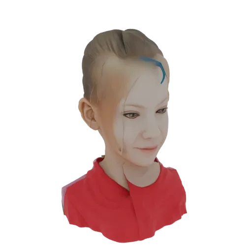 3D модель девушки с светлыми волосами, синей прядью и красной футболкой, смотрящей немного в сторону с улыбкой.