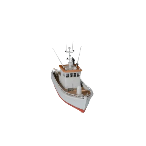 3D-модель рыболовного судна, трехчетвертной студийный вид, готовый к анимации актив транспортного средства с формой корпуса,