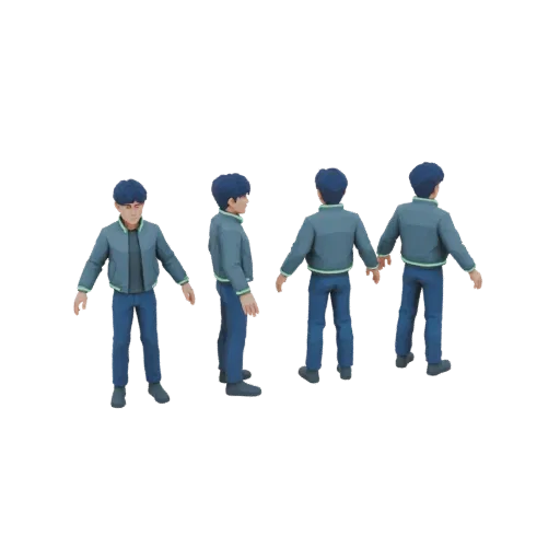 3D модель молодого человека в синем бомбере и джинсах, вид спереди, сбоку и сзади.