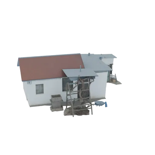 3D модель старого колодца с деревянной конструкцией рядом с белым фермерским домом с красной крышей.