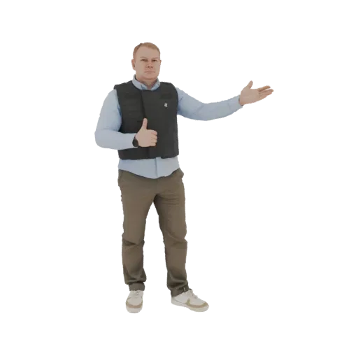 3D модель мужчины в голубой рубашке и темном жилете, показывающего "класс" и жестикулирующего другой рукой.