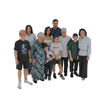 3D модель разнообразной семьи, включая взрослых и детей, стоящих вместе в постановочной композиции на белом фоне.