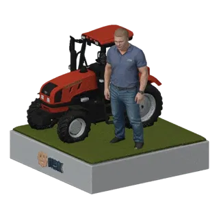 3D модель красного трактора и фигурки фермера на зеленой подставке с белым постаментом.