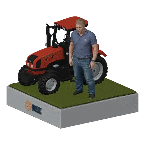 3D модель красного трактора и фигурки фермера на зеленой подставке с белым постаментом.