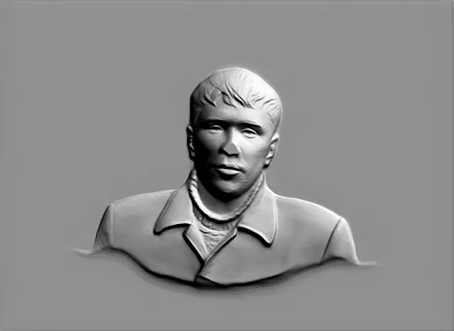 3D модель барельефа "Медальон" молодого человека в пальто, вид спереди