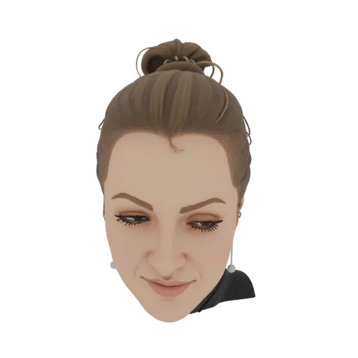 3D модель стилизованной женской головы с каштановым пучком и висячими серьгами, взгляд слегка вниз.