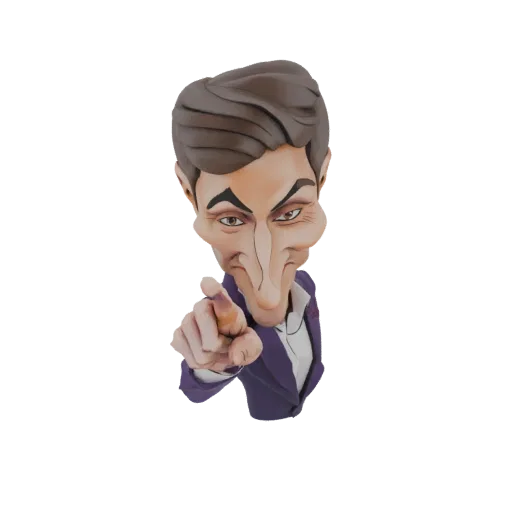 3D модель карикатуры мужчины в фиолетовом костюме, указывающего вперед с напряженным выражением лица.