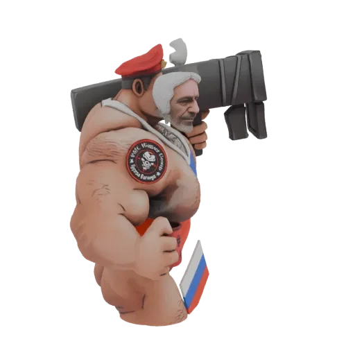 3D модель мускулистого русского воина с РПГ, в красном берете и с нашивкой с черепом.