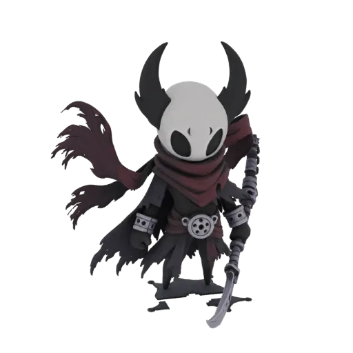 3D модель Рыцаря Труппы Гримм из Hollow Knight с бледной маской, темным рваным плащом и косой.