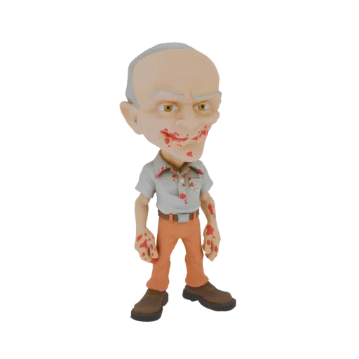 3D модель бородатого персонажа с большой головой, в рубашке и штанах, покрытая красными брызгами крови.